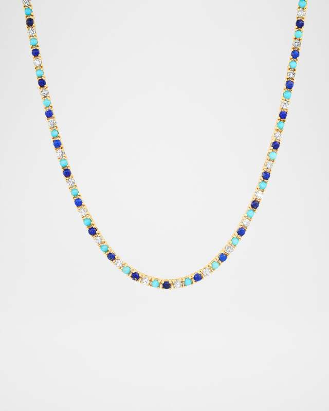 18K Yellow Gold Small 4 Prong Tennis Necklace with Diamonds, Lapis and Turquoise